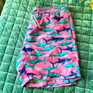 Mens pink shark printed swim trunks